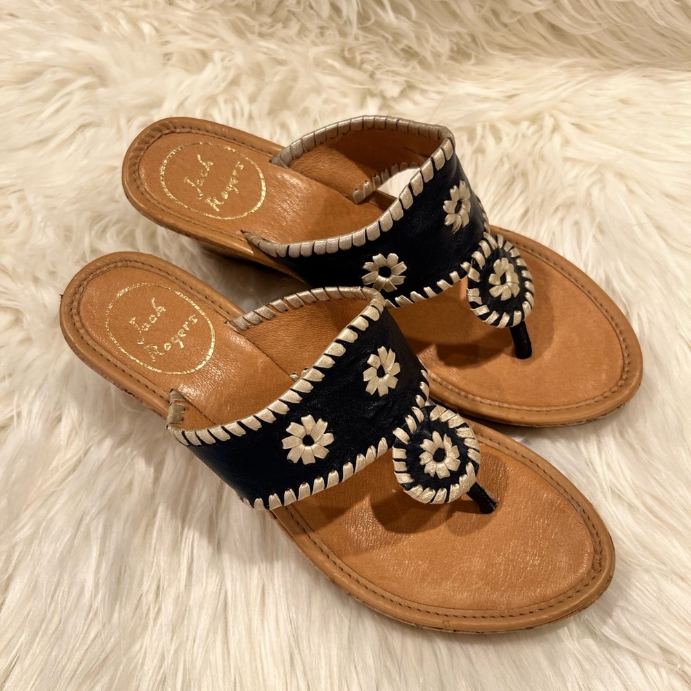 Jack Rogers Flip Flop Wedges navy and gold